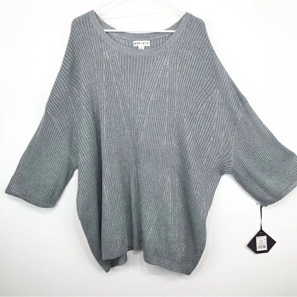 Ava & Viv Silver Metallic Shimmer Knit Pullover Sweater NEW